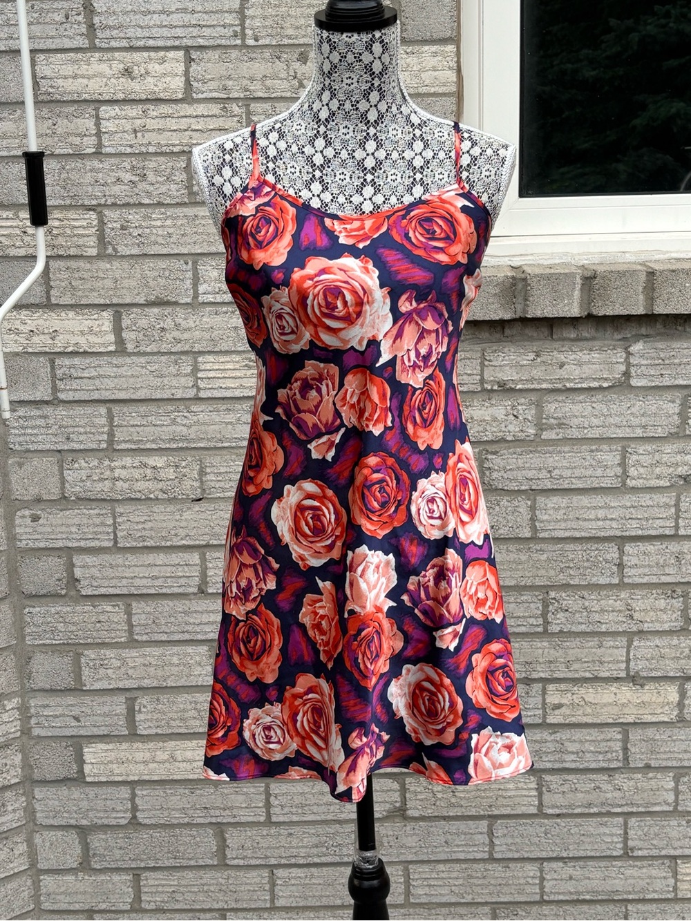 la Vie en Rose Floral Satin Corset Back Lace-Up Chemise Nightie Size M